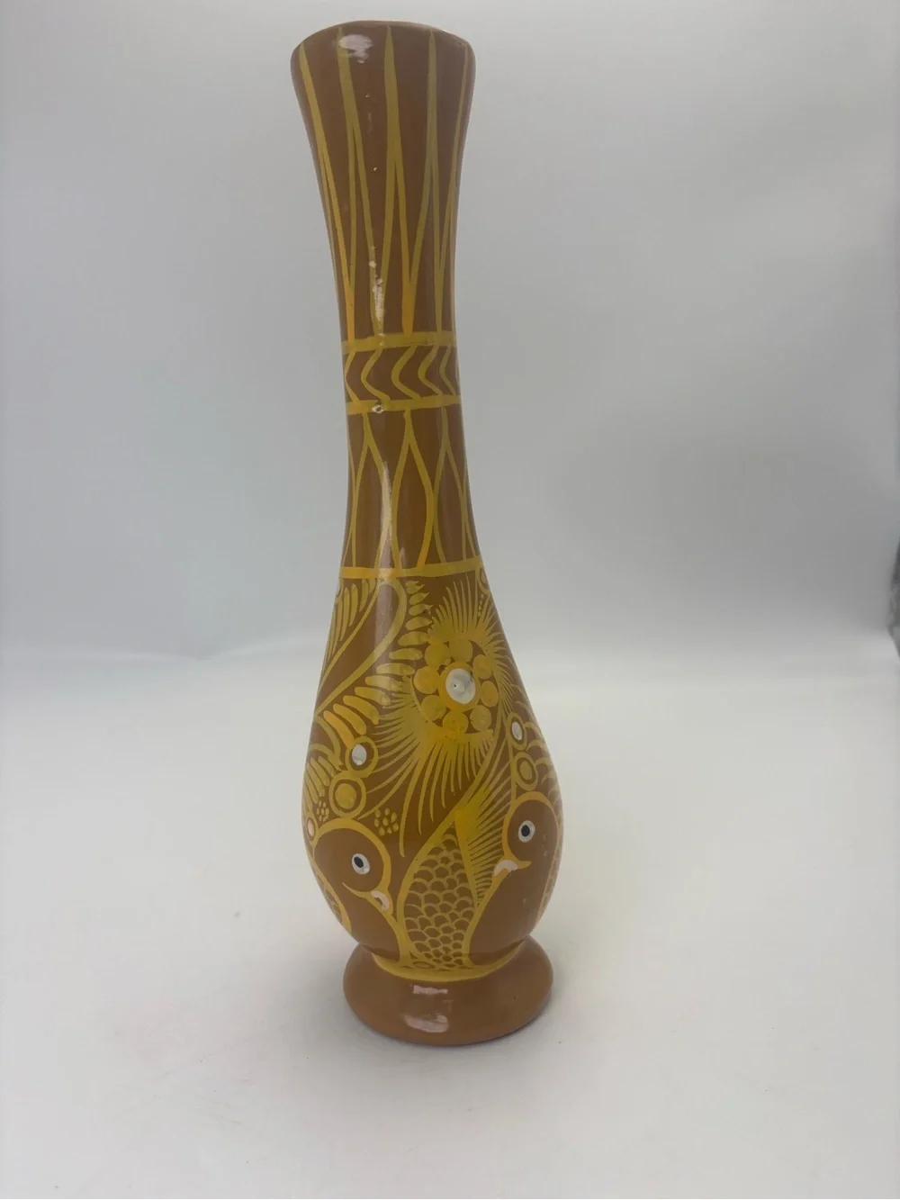 Vintage Mexican Folk Art Redware Pottery Vase in Yellow